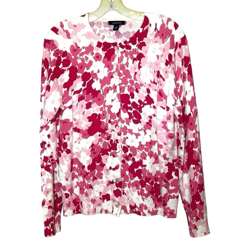 Lands End Women’s Long Sleeve Floral Print Cardigan Pink/White Size Medium